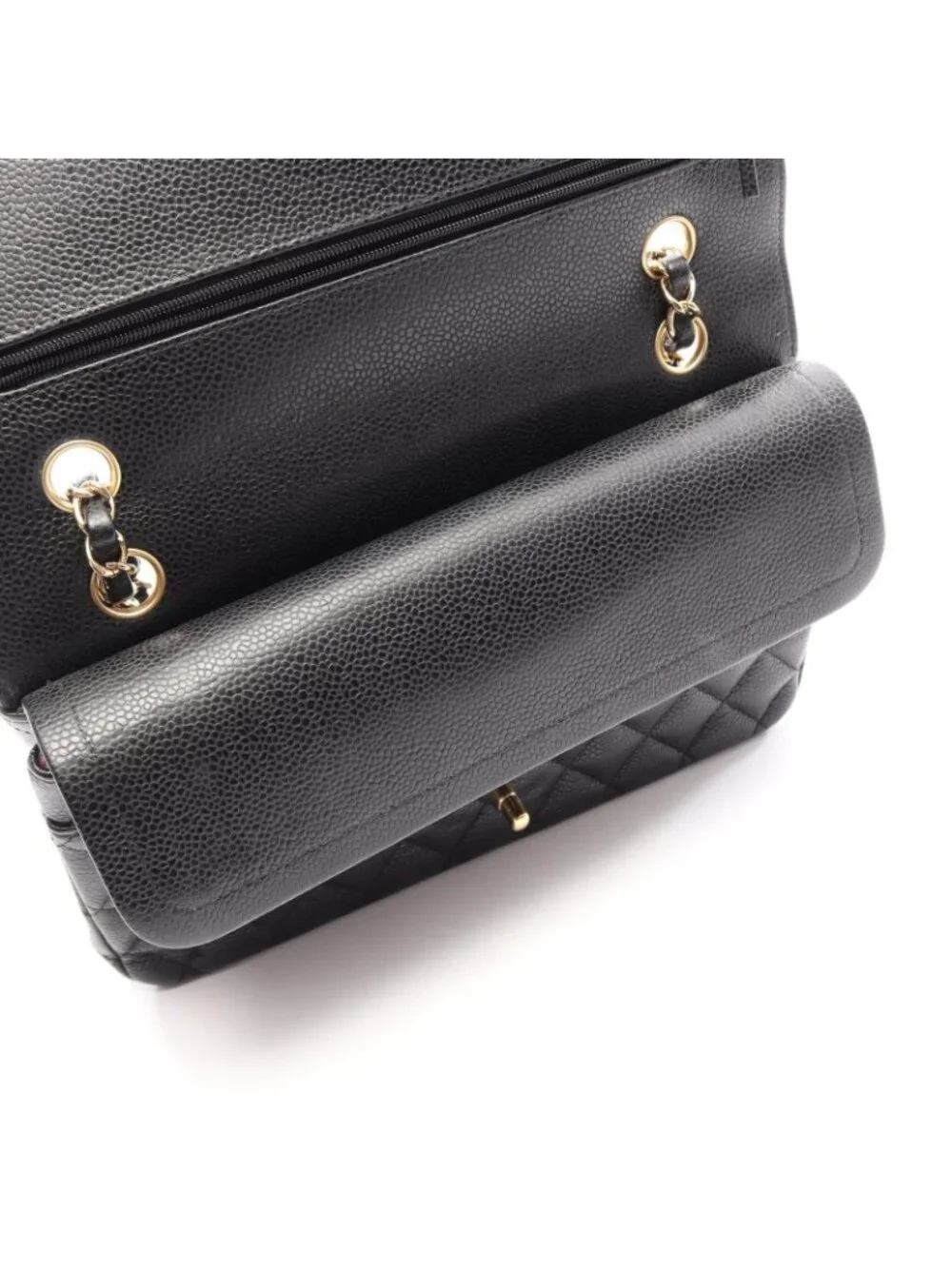 Chanel Shoulder Bag Quilted Double Flap Black Caviar Leather Chain